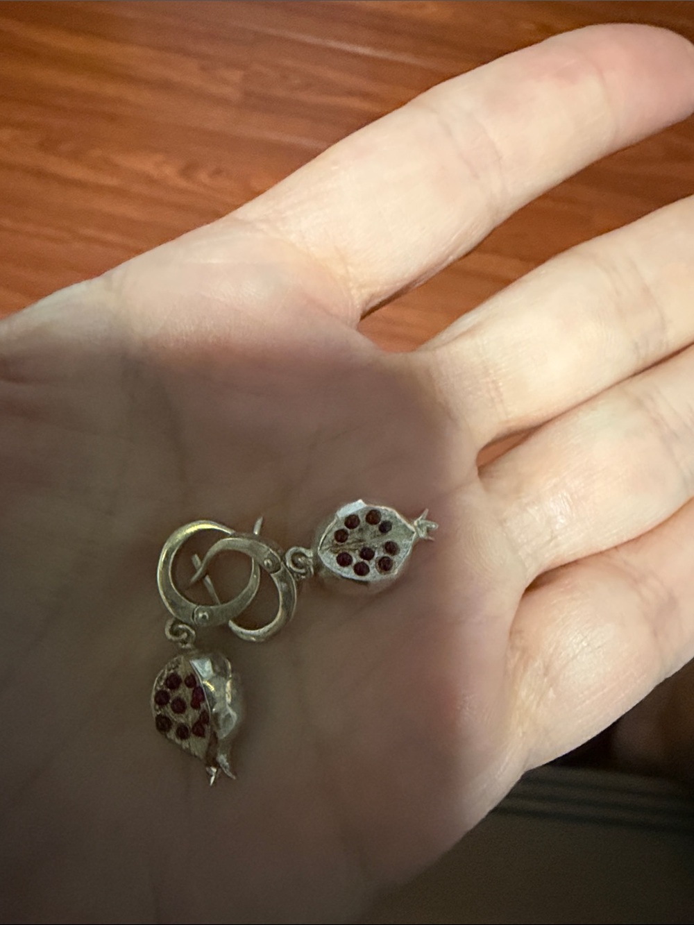 Sterling Silver Pomegranate Drop Earrings with Red Stone Accents